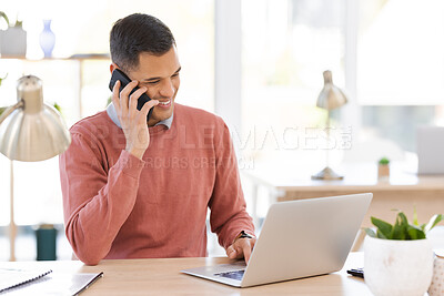 Buy stock photo Businessman, phone call and laptop with smile for communication, conversation or discussion at office desk. Happy male employee working on computer and talking on smartphone for planning strategy
