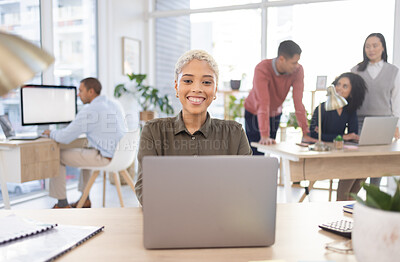 Buy stock photo Laptop, office and portrait of black woman planning for company startup design, digital review or editing proposal. Computer network, email management of worker, person or employee typing at her desk