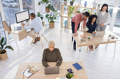 Buy stock photo Office team above, busy people and computer for startup management, workflow communication and company planning. Diversity employees, staff or worker group working on technology for online business