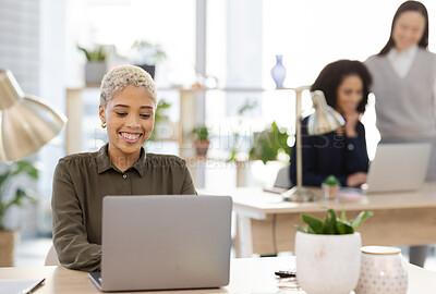 Buy stock photo Laptop, planning and black woman in office startup with company workflow and editing online business proposal. Computer, email management and worker, employees or project manager typing at her desk