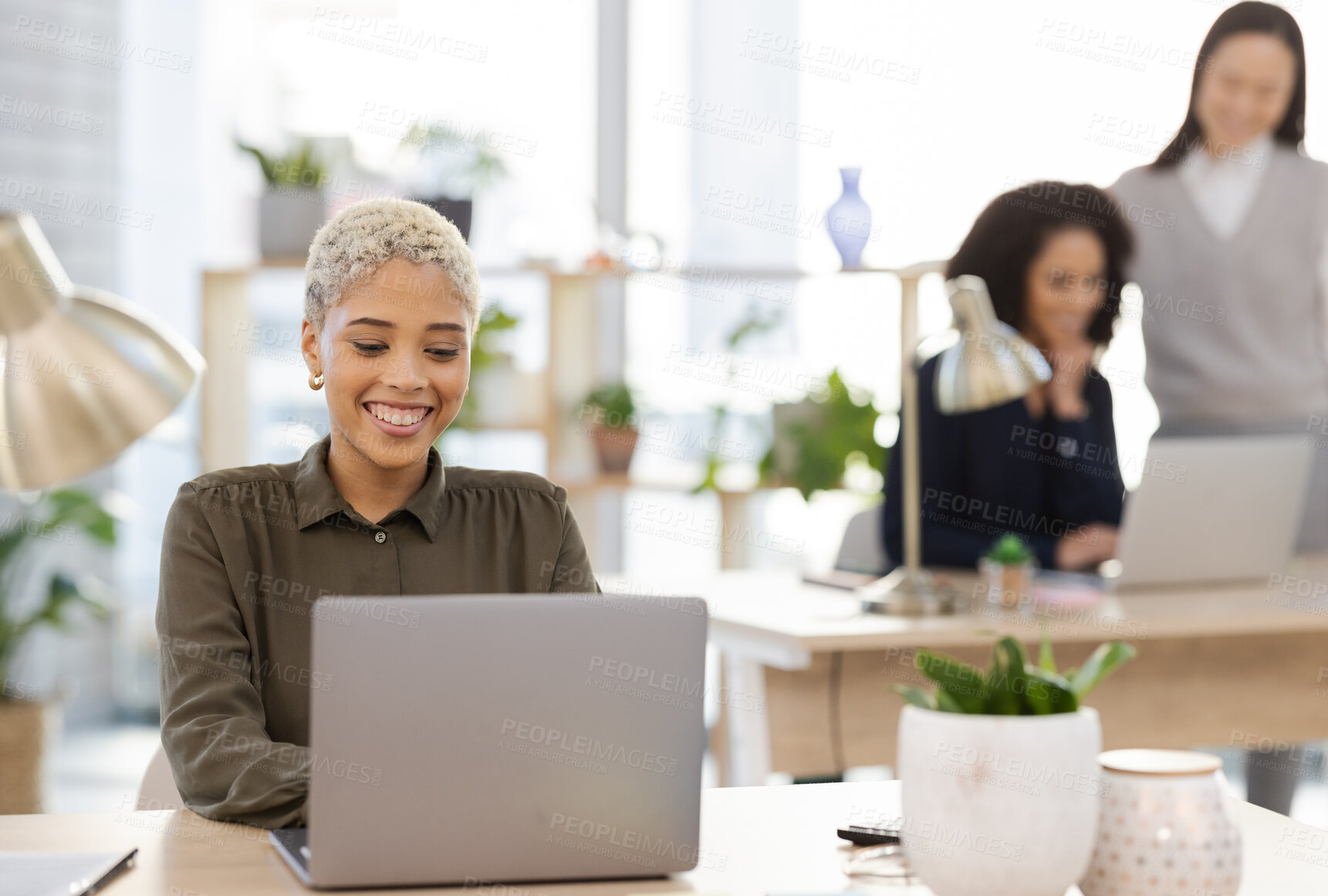 Buy stock photo Laptop, planning and black woman in office startup with company workflow and editing online business proposal. Computer, email management and worker, employees or project manager typing at her desk