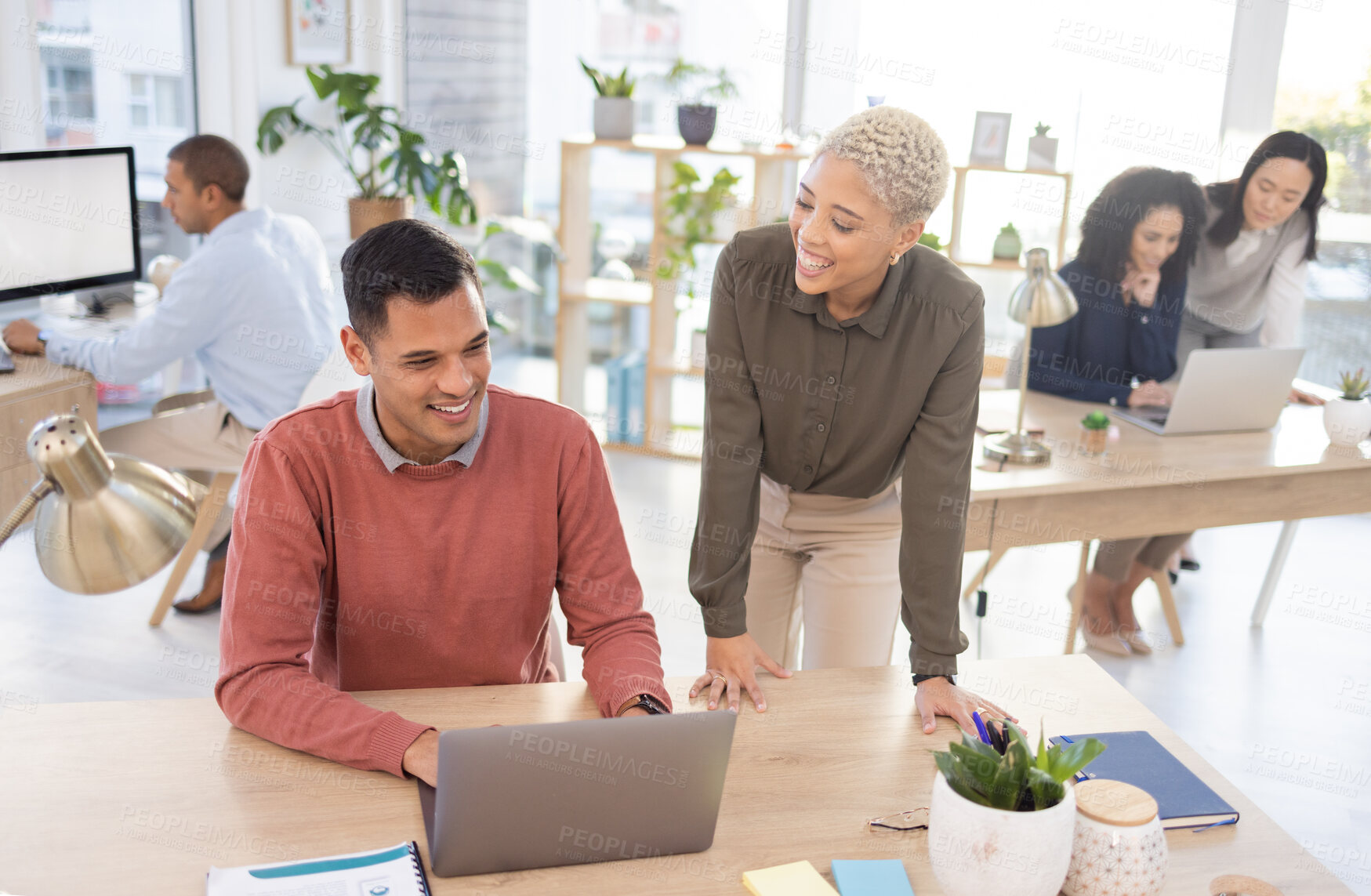 Buy stock photo Research, black woman or happy manager coaching a man in startup or group project in a digital agency. Leadership, laptop or employee helping, talking or speaking of our vision or branding direction