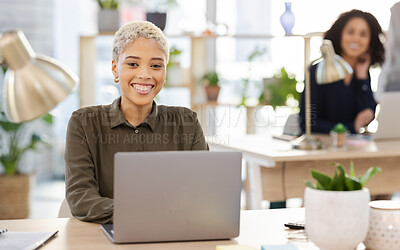 Buy stock photo Portrait of black woman working on laptop for office startup, company workflow or editing website in online business. Computer, digital management and worker, person or project manager typing at desk