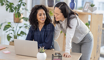 Buy stock photo Leadership, Asian or manager coaching a worker in online startup or group project in a digital agency. Teamwork, laptop or happy woman helping, talking or speaking of our vision or branding direction