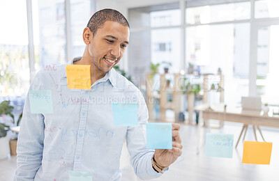 Buy stock photo Writing, planning and businessman in office for schedule, agenda and management with sticky notes. Smile, vision and male leader with idea for marketing, advertising or career goal, happy and mindset