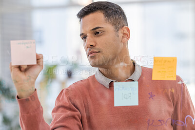 Buy stock photo Planning, writing and businessman with strategy in office for schedule, agenda or calendar on sticky note. Leader, startup and male brainstorming vision, mission or creative goal, serious or mindset