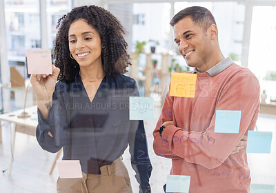 Buy stock photo Teamwork, collaboration and creative business people in meeting for planning, idea or goal on sticky note in office. Team, schedule and man with woman in mission, strategy or advertising innovation