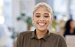 Professional black woman, face and smile in portrait, success and positive mindset with career. Happy person, motivation and company headshot with web designer, creative employee and leadership