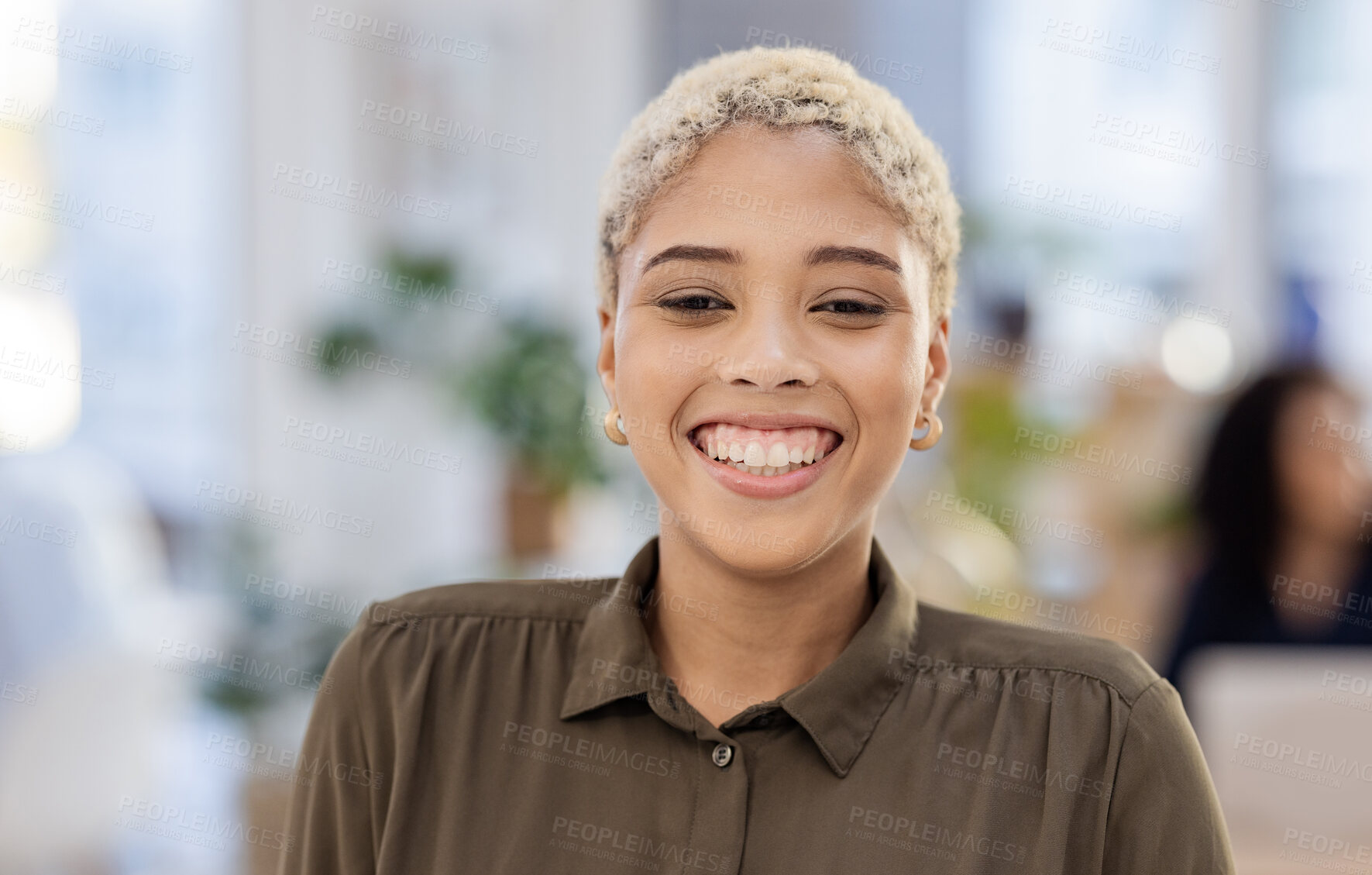 Buy stock photo Professional black woman, face and smile in portrait, success and positive mindset with career. Happy person, motivation and company headshot with web designer, creative employee and leadership