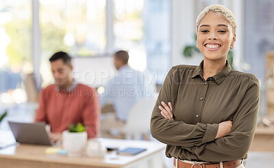Buy stock photo Black woman in business, leadership and happy in portrait with career mindset, job goals and target in workplace. Vision, female in corporate with professional success and arms crossed in office