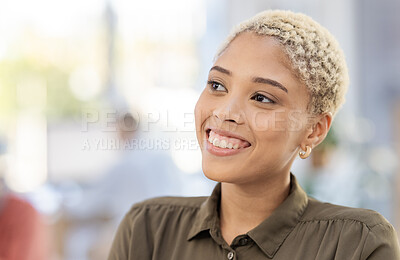 Buy stock photo Professional black woman, face and thinking with vision, success and positive mindset with career goals. Happy person, motivation and ideas with web designer, creative employee and mockup space