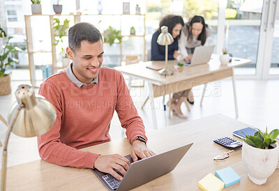 Buy stock photo Laptop, planning and man at office for startup company ideas, digital design or editing business proposal. Computer workflow, email management and worker, person or project manager typing at his desk