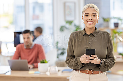 Buy stock photo Black woman, portrait and smartphone with communication in office, online and mockup with smile. Leadership, business social media manager and content creator for startup, creative and connectivity