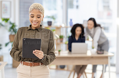 Buy stock photo Planning, tablet and black woman with online research, business social media strategy and startup company management. Happy manager, worker or person working on digital technology in office workflow