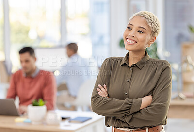 Buy stock photo Black woman in business, leadership and success with thinking, career mindset and job goals with ideas in workplace. Vision, mission and mockup with corporate worker, happy and arms crossed in office