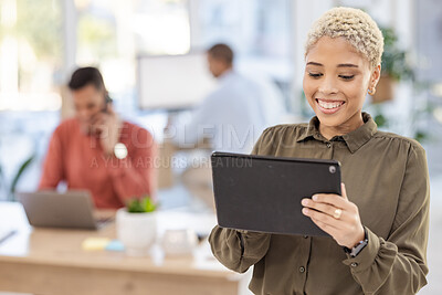 Buy stock photo Black woman, office planning and tablet for online research, business strategy and startup company target goals. Manager, worker or person on digital technology for employees workflow or schedule app