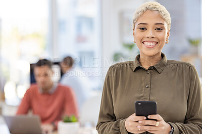 Buy stock photo Black woman in business, smartphone and communication in portrait, online and mockup with smile in office. Leadership, social media manager and content creator for startup, creative and connectivity