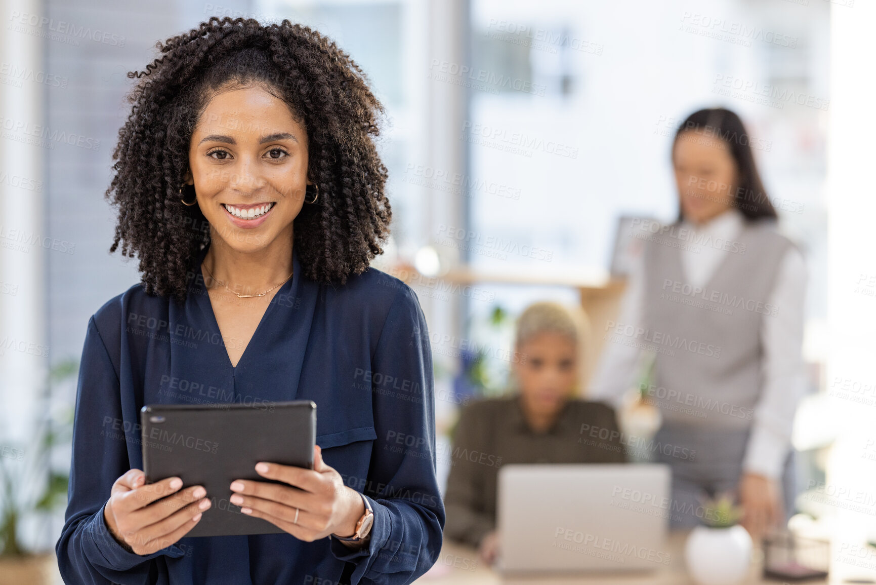 Buy stock photo Portrait of black woman on tablet for office management, online business research and startup company leadership. Professional manager, employee or person with digital technology for Human Resources