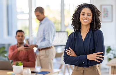 Buy stock photo Black woman in business, leadership and success in portrait with career mindset, job goals and target in workplace. Vision, mission and mockup with corporate worker, happy and arms crossed in office