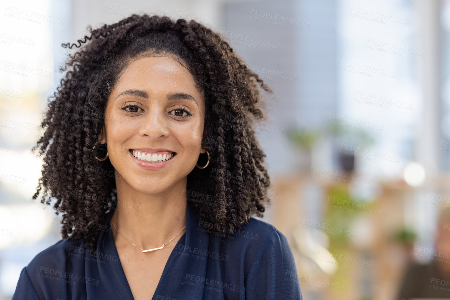 Buy stock photo Black woman in business, portrait and leadership, success with career mindset, job pride in New York office. Startup, mission and mockup with corporate worker, happy face and empowerment in workplace