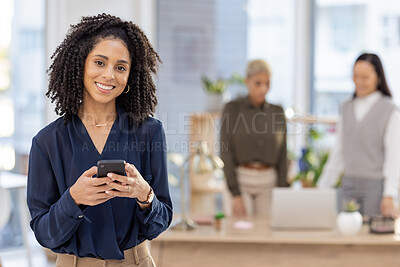 Buy stock photo Black woman in business, smartphone and communication in office, online and mockup with smile in portrait. Leadership, social media manager and content creator for startup, creative and connectivity