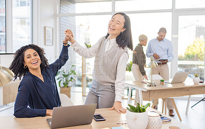 Buy stock photo Business women, high five and portrait of team celebrate success or target achievement in office. Diversity people or employee and mentor or manager with hands for goal, teamwork and collaboration