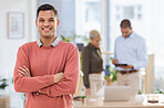 Portrait, mockup and businessman or employee happy with startup company in a modern office arms crossed with smile. Happy, confident and excited young male intern or worker at the workplace