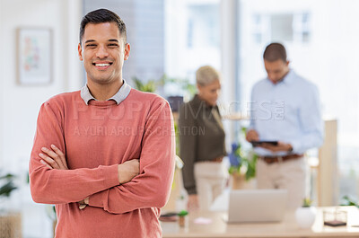 Buy stock photo Portrait, mockup and businessman or employee happy with startup company in a modern office arms crossed with smile. Person, confident and excited young male intern or worker at the workplace