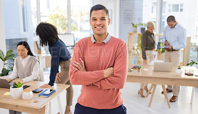 Buy stock photo Portrait, startup and businessman or intern happy at new job or company in a modern office arms crossed with smile. Happy, confident and excited young male employee or worker at the workplace