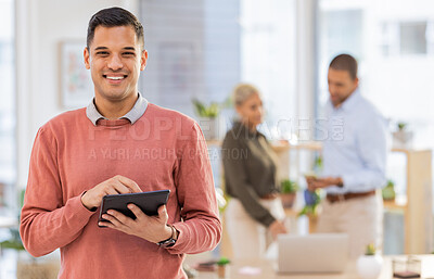 Buy stock photo Portrait of business man on tablet for office management, online market research and startup company leadership. Professional manager, employee or person face for goals, networking or career workflow