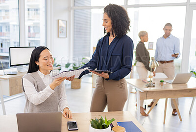 Buy stock photo Documents, Asian or manager giving a worker in paperwork in startup or group project in a digital agency. Leader, smile or happy black woman talking or speaking of our vision or branding direction
