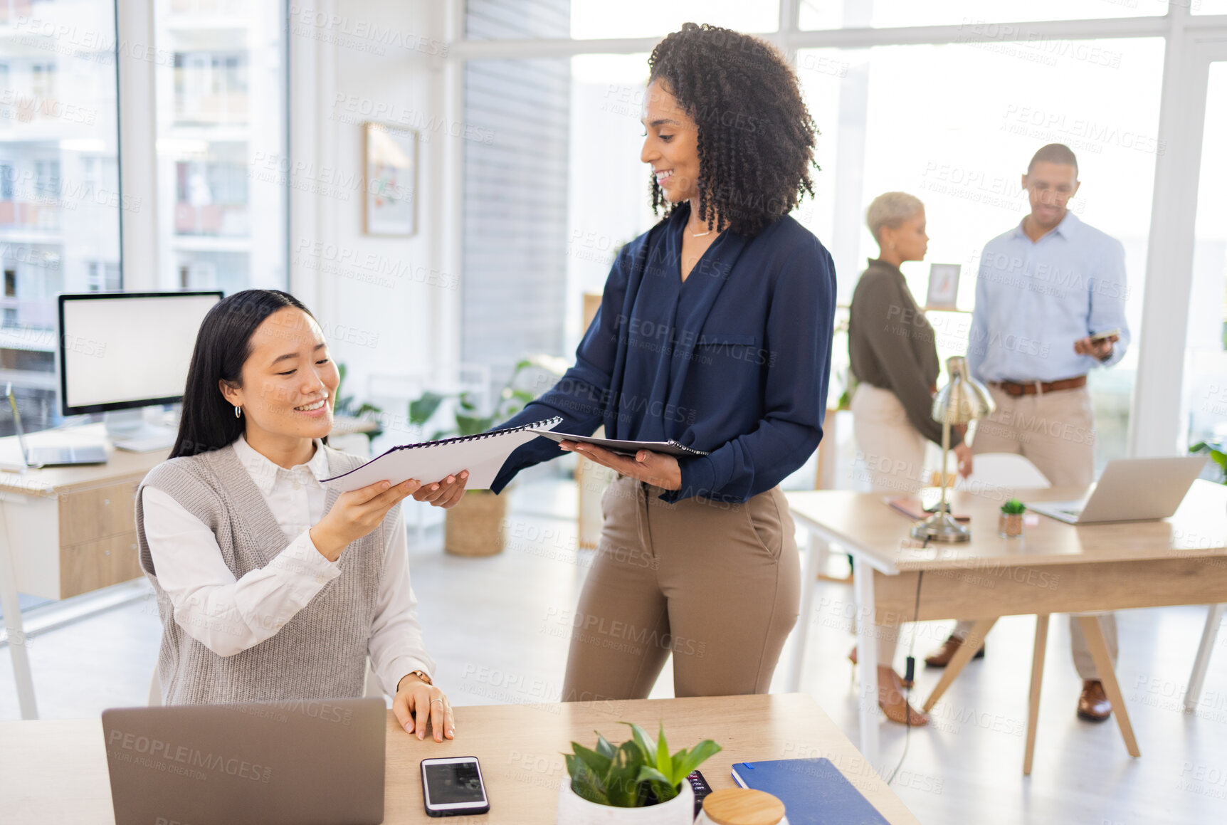 Buy stock photo Documents, Asian or manager giving a worker in paperwork in startup or group project in a digital agency. Leader, smile or happy black woman talking or speaking of our vision or branding direction