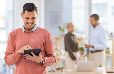 Buy stock photo Business man working on tablet for office management, online market research and startup company leadership. Professional manager, employees or person typing on digital technology for career workflow