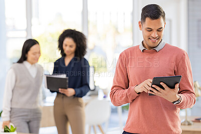 Buy stock photo Happy, smile and tablet with man in office for research, management and social media branding. Technology, internet and seo with employee in digital agency startup for design, creative and website