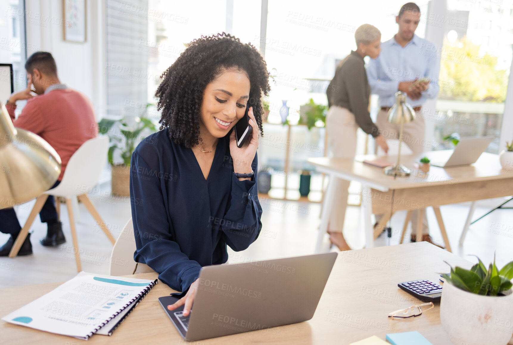 Buy stock photo Black woman, phone call and laptop in office for communication, information and marketing. Entrepreneur person at advertising agency while talking to contact for proposal deal or networking at desk