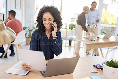 Buy stock photo Black woman, phone call and laptop with paper in office for communication and information. Happy entrepreneur person at advertising agency talking to contact for proposal deal marketing at desk