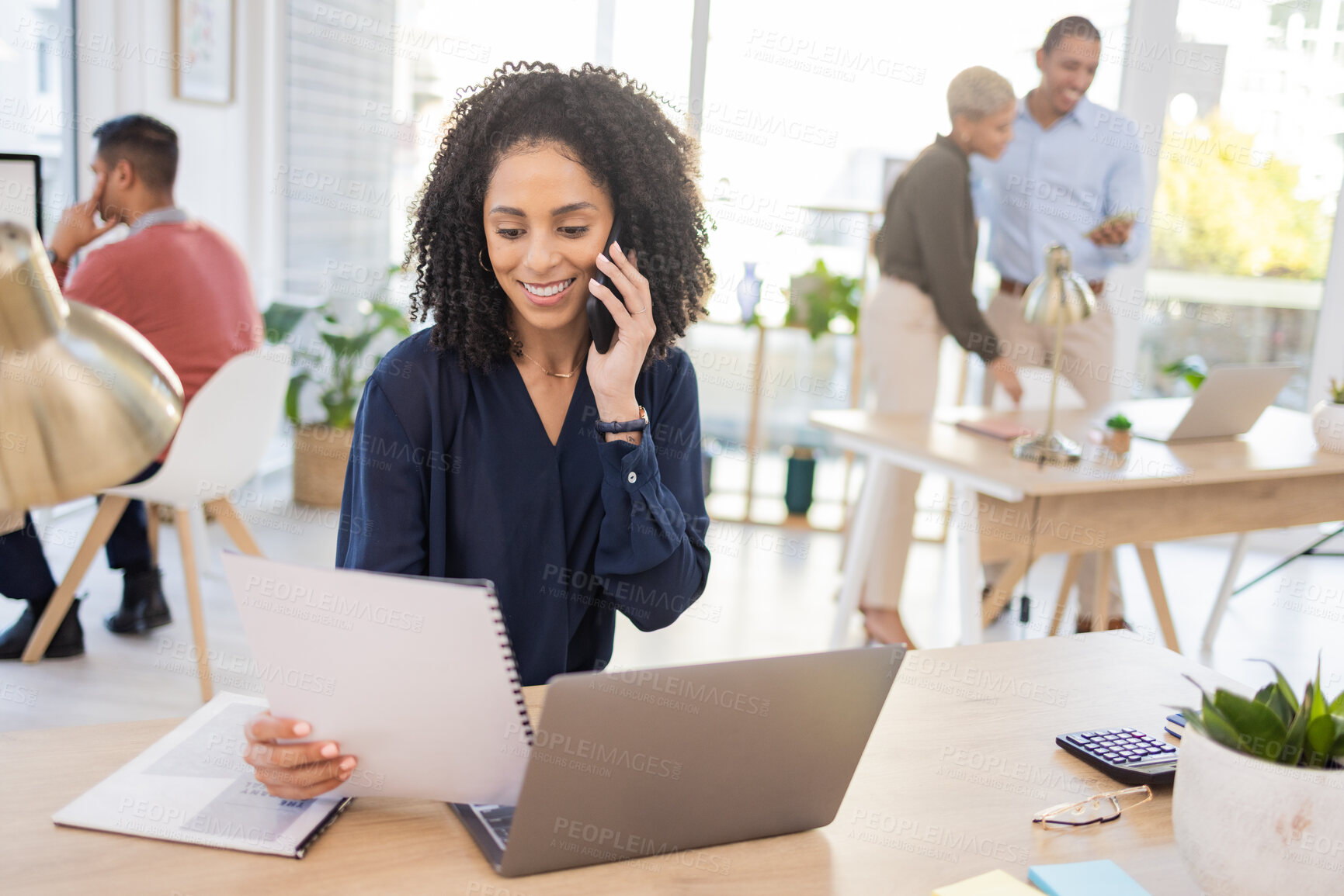 Buy stock photo Black woman, phone call and laptop with paper in office for communication and information. Happy entrepreneur person at advertising agency talking to contact for proposal deal marketing at desk