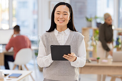 Buy stock photo Happy, tablet with portrait of asian businesswoman and online for research, management and social media branding. Technology, internet and seo with employee for design, creative and startup company