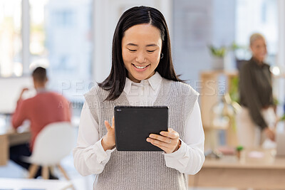 Buy stock photo Happy, smile and search with asian woman and tablet for website, management and social media branding. Technology, internet and seo with employee in digital agency for design, creative and startup