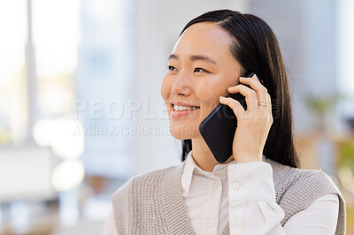 Buy stock photo Phone call, communication and asian woman in office startup networking, planning and online news. Happy Japanese person, worker or creative employee talking on smartphone for business opportunity