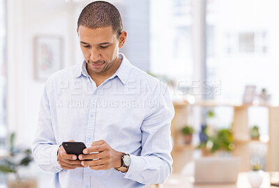 Buy stock photo Phone, office and businessman browsing on the internet, social media or mobile app for research. Technology, professional and male corporate employee reading information on cellphone in the workplace