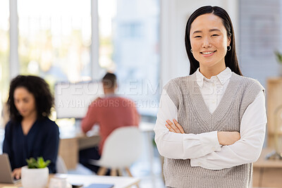 Buy stock photo Business woman, face and portrait with success and mockup space, vision and professional mindset with career goals. Happy employee, leader and corporate lawyer at law firm in Japan, Asian and growth