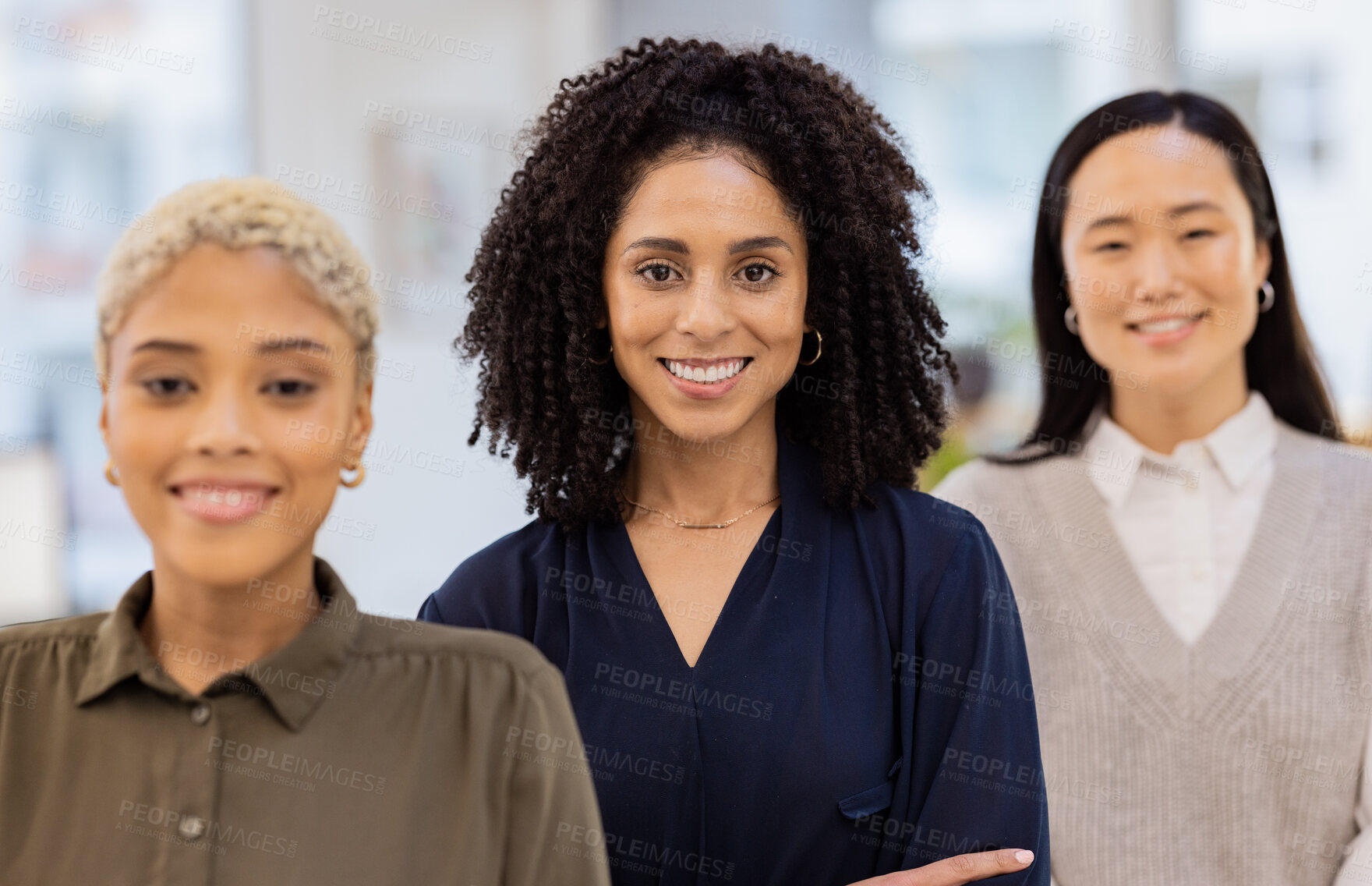 Buy stock photo Black woman, portrait smile and empowerment in leadership, teamwork or vision at the office. Diverse group of happy employee women smiling for career goals, values or proud team at the workplace