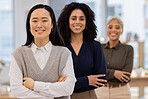 Diversity, business and women only portrait in office leadership, teamwork and solidarity in workplace. Proud black woman, asian and group of employees with vision for company values and career goals