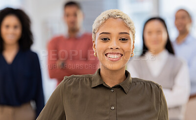 Buy stock photo Portrait, business and black woman with team, leadership and smile for success, new project and growth. Face, African American female manager and ceo with staff, happiness and support for planning