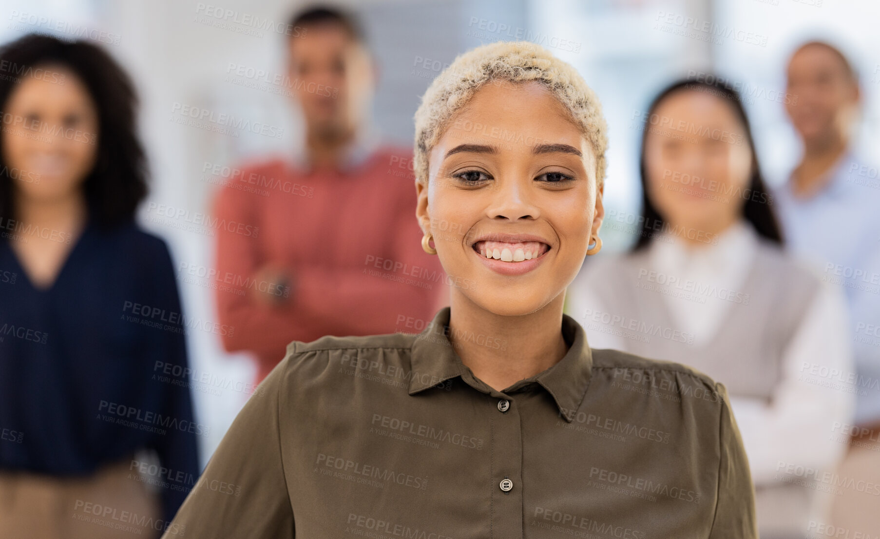 Buy stock photo Portrait, business and black woman with team, leadership and smile for success, new project and growth. Face, African American female manager and ceo with staff, happiness and support for planning