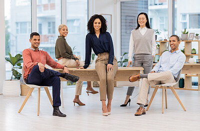 Buy stock photo Portrait, collaboration and vision with a business team working in an office together for future company growth. Leadership, diversity or teamwork with a man and woman employee group at work