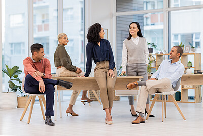 Buy stock photo Conversation, relax or happy business people in meeting in startup or group project in a digital marketing agency. Teamwork, break or employees talking or speaking of our vision or branding direction
