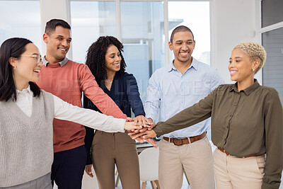 Buy stock photo Team building, hands or business people in meeting together in solidarity or group project for motivation. Diversity, mission or happy employees in collaboration for a vision, strategy plan or goals