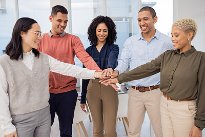 Buy stock photo Team work, hands or happy business people in meeting planning together in a group project for motivation. Diversity, mission or employees in collaboration for our vision, strategy plan or goals 
